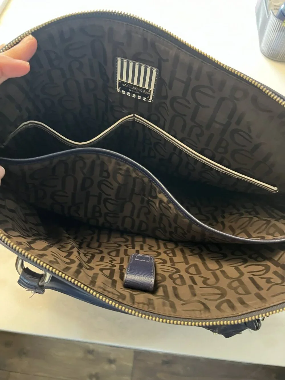 Henri Bendel Navy Blue Laptop Satchel Briefcase Excellent Used Condtion
